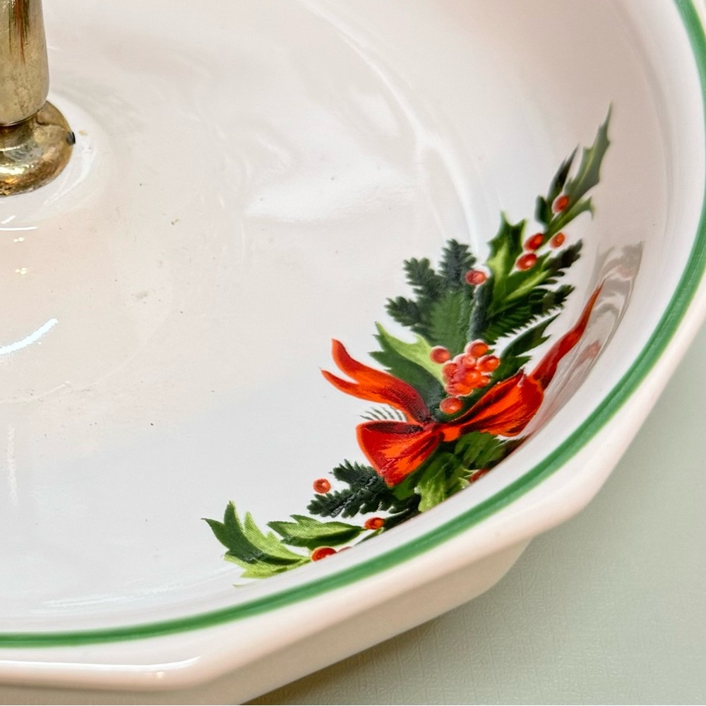 🎄Vintage CHRISTMAS HERITAGE by Pfaltzgraff Tidbit Nut Candy Dish w/ Gold Handle